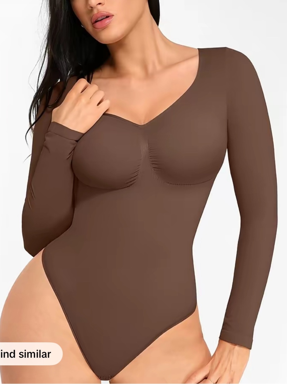 Long Sleeve V-Neck Brown Seamless Shaping Bodysuit
